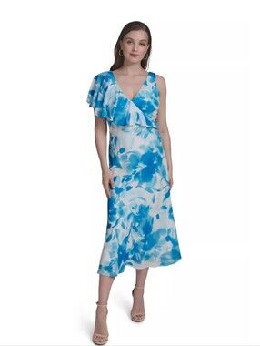 NWT Halston Blue White Floral One Shoulder Maxi Dress Women's Size 6 Elegant